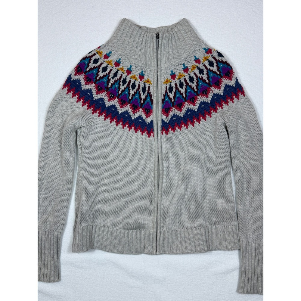 Chaps Denim Fair Isle Full Zip‎ Mock Neck Sweater Women's Small Gray Multicolor